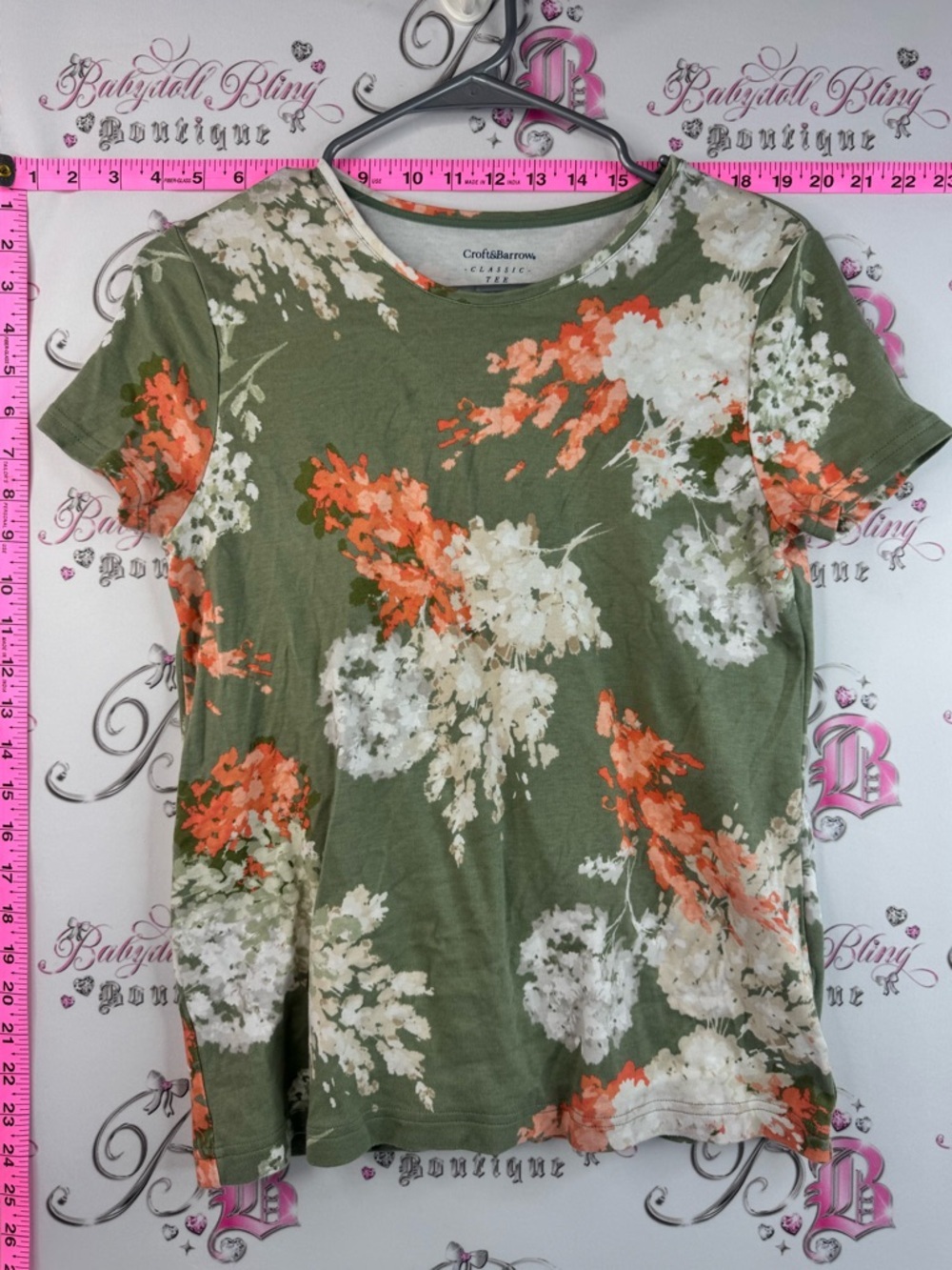 croft & barrow tshirt tee shirt top orange Olive Green Floral Short Sleeve Tee